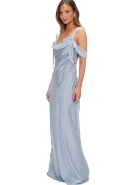 Show Me Your Mumu Bella Maxi Dress Womens Large Steel Blue Luxe Satin Zipper